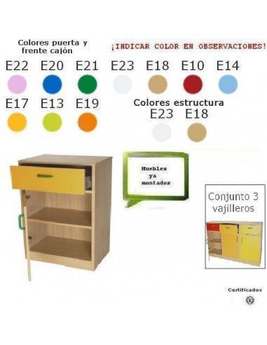 mueble vajillero MOBEDUC para colegios con cajón y puerta en haya