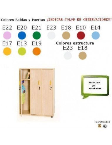 mueble taquillero MOBEDUC con 3 puertas para colegios acabado en haya