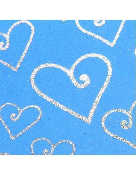 LAMINA DE GOMA EVA ESTAMPADA CON PURPURINA 40X60 AZUL CON CORAZONES PLATA