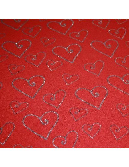 LAMINA DE GOMA EVA ESTAMPADA CON PURPURINA 40X60 ROJA CON CORAZONES PLATA