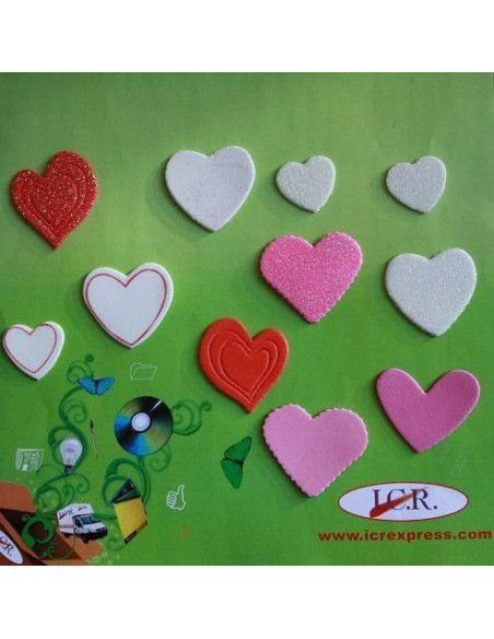 CORAZONES DE GOMA EVA  CON GLITTER Y SIN GLITTER 72UND CON DISTINTOS TAMAÑOS