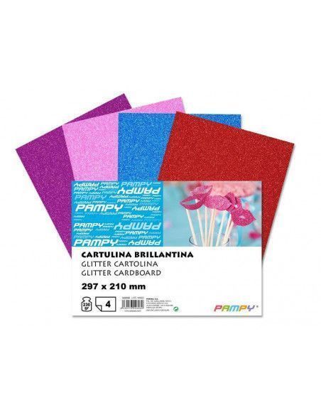PACK DE 4 CARTULINAS CON PURPURINA A 1 CARA 297X210 MM Y 230 GR ESPESOR