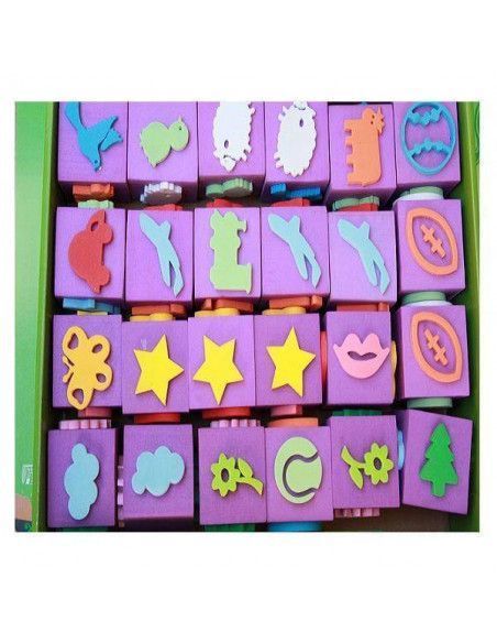 SELLO DE GOMA EVA SURTIDO CON 4 DIBUJOS DISTINTOS EN CAJA SURTIDA DE 24 UND.