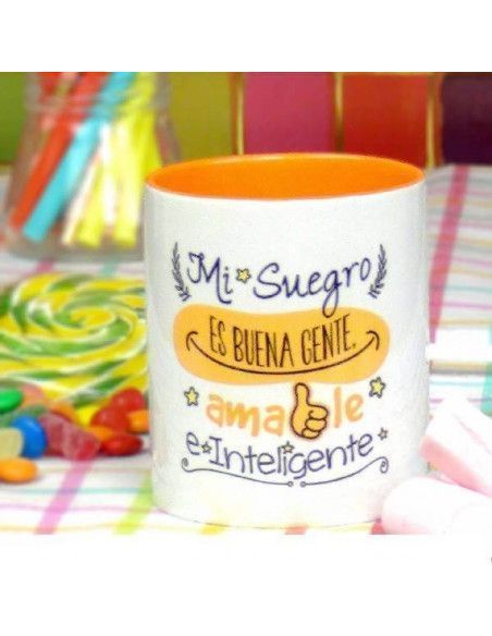 TAZAS DE CERAMICA `MI SUEGRO ES BUENA GENTE . AMABLE E INTELIGENTE ´ LA MENTE ES MARAVILLOSA