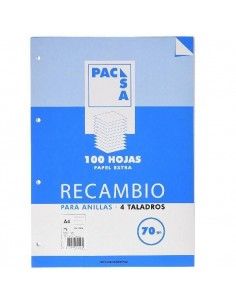 RECAMBIO DE HOJAS A4 CON 4 TALADROS Y RAYADO HORIZONTAL DE 8 MM 100 HOJAS DE RECAMBIOS