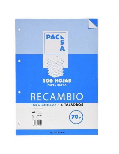 RECAMBIO DE HOJAS A4 CON 4 TALADROS Y RAYADO HORIZONTAL DE 8 MM 100 HOJAS DE RECAMBIOS