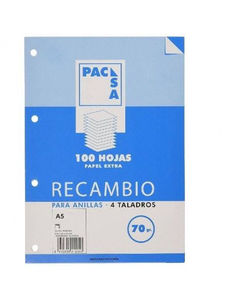 RECAMBIO DE HOJAS A5 CON 4 TALADROS Y RAYADO CON PAUTA DE 2.5 MM
