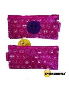 ESTUCHE PLANO COLOR ROSA CON DECORADO DE VARIOS EMOJIS Y UN EMOTICONO GRANDE DE DIABLILLO