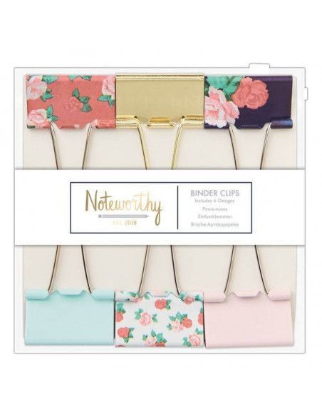 PACK DE 6 CLIPS PARA CARPETAS DE LA MARCA DOCRAFTS CON ESTAMPADOS FLORALES Y COLORES CONTRASTE