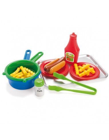 SET DE HOT DOG CON PATATAS REALIZADO EN PLÁSTICO RESISTENTE DE LA MARCA ANDREU TOYS. 22 PIEZAS