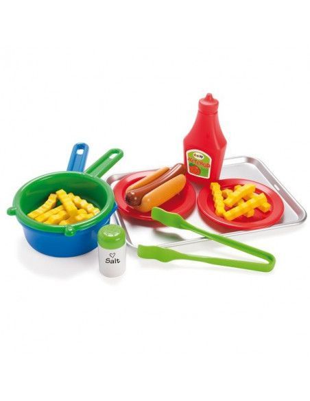 SET DE HOT DOG CON PATATAS REALIZADO EN PLÁSTICO RESISTENTE DE LA MARCA ANDREU TOYS. 22 PIEZAS