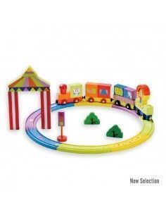 SET DE CIRCO. TREN DE MADERA CON CARPA DE CIRCO Y VAGONES CON ANIMALES DE LA MARCA ANDREU TOYS