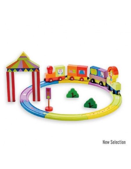 SET DE CIRCO. TREN DE MADERA CON CARPA DE CIRCO Y VAGONES CON ANIMALES DE LA MARCA ANDREU TOYS