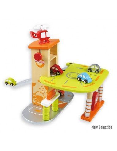 APARCAMENTO DE MADERA CON 3 PLANTAS Y 5 COCHES DE LA MARCA ANDREU TOYS. TAMAÑO 30X39 CM.