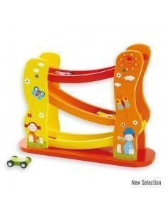 CIRCUITO DE COCHES REALIZADO EN MADERA CON TRES RAMPAS DIFERENTES Y TRES COCHES DE ANDREU TOYS