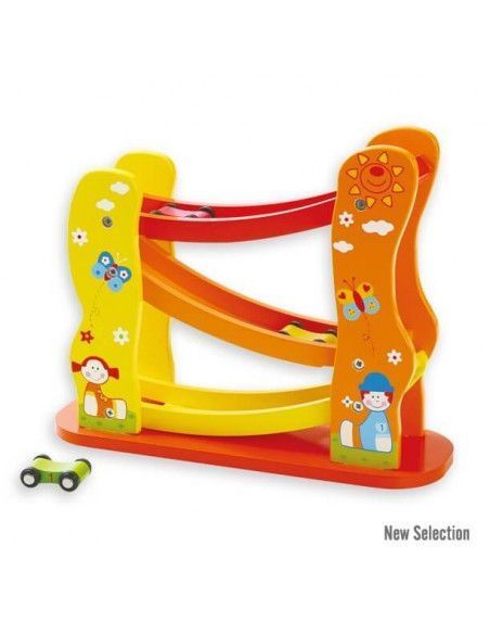 CIRCUITO DE COCHES REALIZADO EN MADERA CON TRES RAMPAS DIFERENTES Y TRES COCHES DE ANDREU TOYS