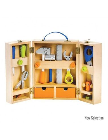 MALETIN CON HERRAMIENTAS DE JUGUETE REALIZADO EN MADERA DE LA MARCA ANDREU TOYS TAMAÑO 20X9 CM