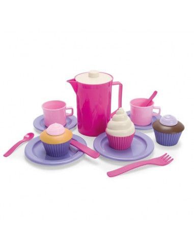 JUEGO DE CAFÉ CON CUPCAKES PARA DOS PERSONAS REALIZADO EN PLÁSTICO COMPUESTO DE 20 PIEZAS.