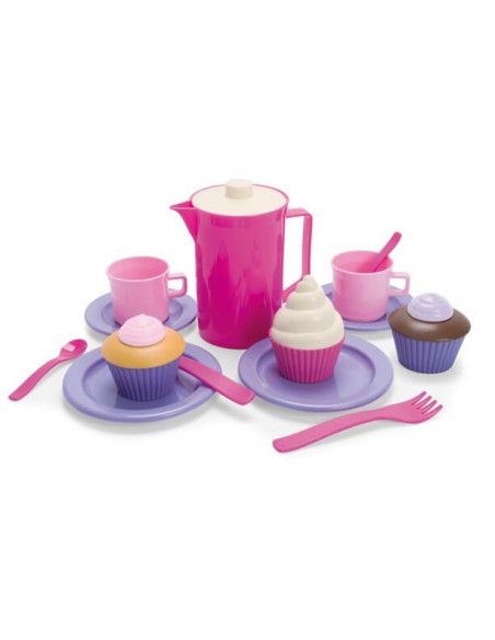 JUEGO DE CAFÉ CON CUPCAKES PARA DOS PERSONAS REALIZADO EN PLÁSTICO COMPUESTO DE 20 PIEZAS.