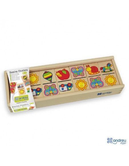 DOMINÓ DE MADERA DE LA MARCA ANDREU TOYS CON IMAGENES DIVERTIDAS. 28 PIEZAS
