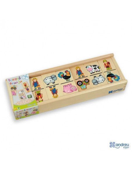 DOMINÓ DE MADERA DE LA MARCA ANDREU TOYS CON IMAGENES DIVERTIDAS DE ANIMALES. 28 PIEZAS