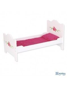 CAMA DE MADERA DE COLOR BLANCO CON ADORNOS FLORALES Y COLCHON Y ALMOHADA REVERSIBLES.ANDREU TOYS