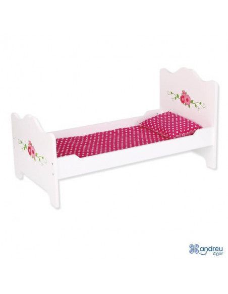 CAMA DE MADERA DE COLOR BLANCO CON ADORNOS FLORALES Y COLCHON Y ALMOHADA REVERSIBLES.ANDREU TOYS
