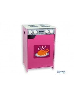COCINA DE JUGUETE REALIZADA EN MADERA DE COLOR ROSA CON MANDOS Y FUEGOS DE ANDREU TOYS