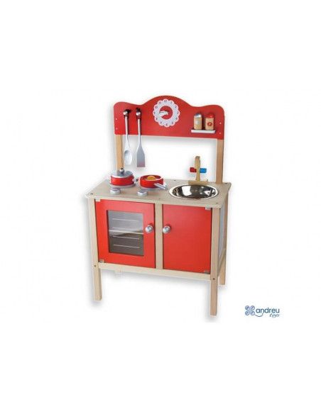 COCINA COMPLETA REALIZADA EN MADERA CON FREGADERO Y ARMARIO DE LA MARCA ANDREU TOYS
