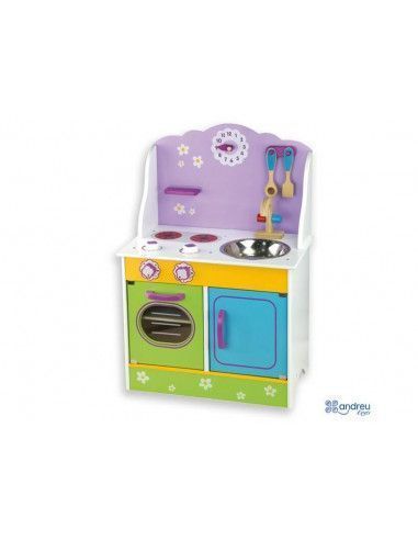 COCINA DE JUGUETE FABRICADA EN MADERA CON HORNO Y FREGADERO DE LA MARCA ANDREU TOYS.