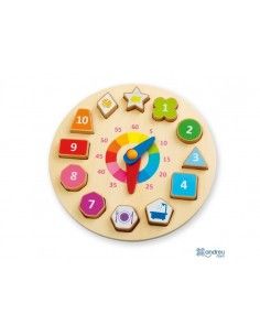 RELOJ INTERACTIVO REALIZADO EN MADERA PARA FACIL APRENDIZAJE DE COLORES FORMAS Y HORAS