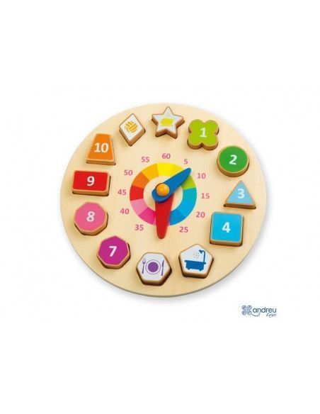 RELOJ INTERACTIVO REALIZADO EN MADERA PARA FACIL APRENDIZAJE DE COLORES FORMAS Y HORAS