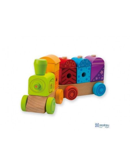 TREN DE JUGUETE REALIZADO EN MADERA CON LUZ Y SONIDO DE DISTINTOS COLORES DE LA MARCA ANDREU TOYS