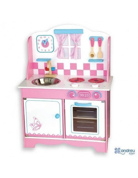 COCINA DE JUGUETE EUROPEA DE COLOR ROSA Y BLANCO DE LA MARCA ANDREU TOYS. TAMAÑO DE 60X30 CM