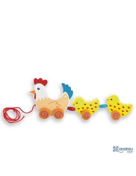 JUEGO PARA EMPUJAR CON FORMA DE GALLINA Y DOS POLLITOS DETRÁS DE LA MARCA ANDREU TOYS