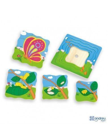 PUZZLE DE MARIPOSA DESDE QUE NACE HASTA QUE SE CONVIERTE. 4 PUZZLES SUPERPUESTOS DE ANDREU TOYS