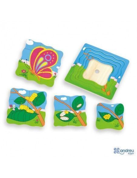 PUZZLE DE MARIPOSA DESDE QUE NACE HASTA QUE SE CONVIERTE. 4 PUZZLES SUPERPUESTOS DE ANDREU TOYS
