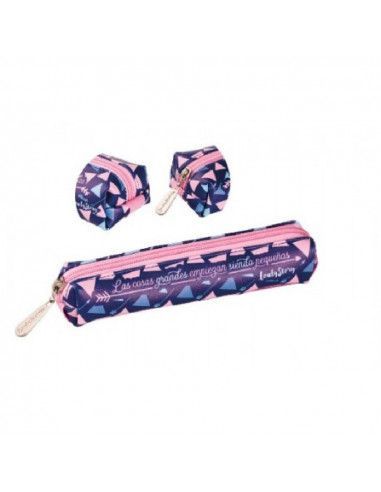 ESTUCHE CUADRADO PEQUEÑO DE LOVELY STORY COLOR AZUL MARINO CON UN DISEÑO DE TRIANGULOS ROSAS