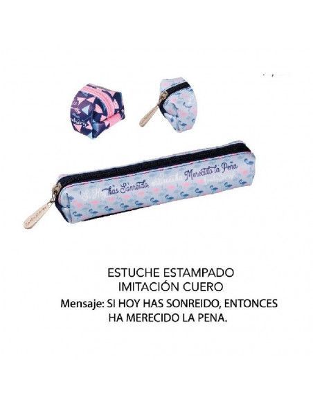 ESTUCHE CUADRADO PEQUEÑO DE LOVELY STORY COLOR GRIS CON UN DISEÑO DE FLAMENCOS ROSAS