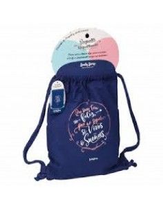 SAQUETE MOCHILA DE COLOR AZUL MARINO DE LOVELY CON LA FRASE" QUE SEAS TÁN FELIZ QUE NO SEPAS SI...