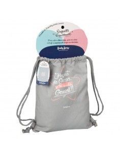 SAQUETE MOCHILA DE COLOR GRIS DE LOVELY STORY CON LA FRASE "HOY VAS DE GUAPA Y Y TE QUEDA GENIAL"