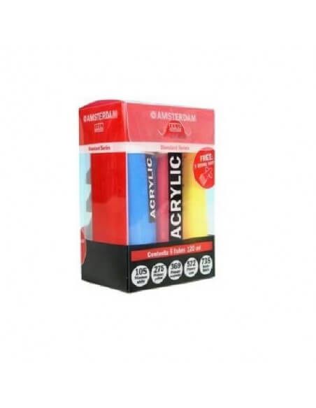 SET ACRILICO STANDARD CON 5 TUBOS DE 120 ML CON LOS COLORES PRIMARIOS AMSTERDAM