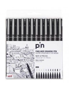 SET DE 12 ROTULADORES CALIBRADOS UNI-PIN EN NEGRO CON VARIOS TRAZOS DIFERENTES DE LA MARCA UNI-BALL