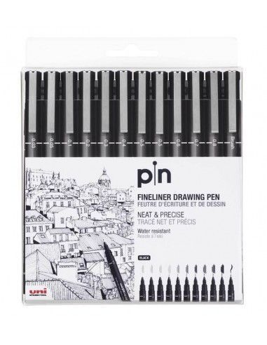 SET DE 12 ROTULADORES CALIBRADOS UNI-PIN EN NEGRO CON VARIOS TRAZOS DIFERENTES DE LA MARCA UNI-BALL