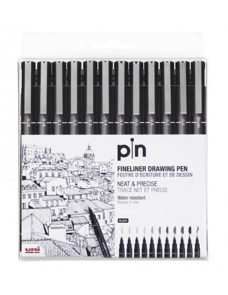SET DE 12 ROTULADORES CALIBRADOS UNI-PIN EN NEGRO CON VARIOS TRAZOS DIFERENTES DE LA MARCA UNI-BALL