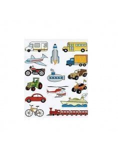 BOLSA CON 3 HOJAS DE GOMETS REMOVIBLES MODELO TRANSPORTES