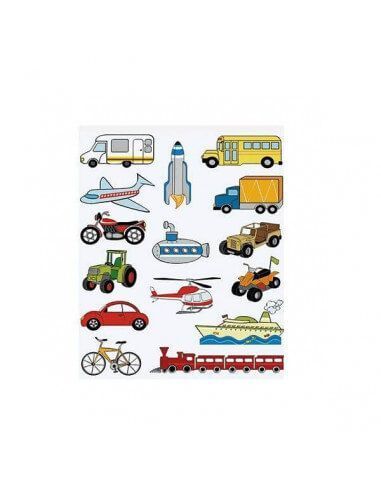 BOLSA CON 3 HOJAS DE GOMETS REMOVIBLES MODELO TRANSPORTES