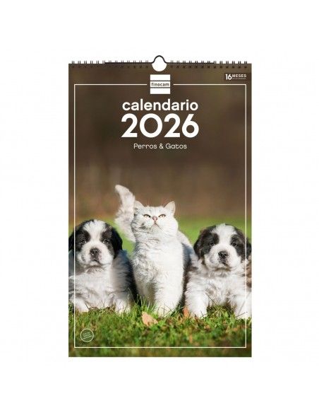 Calendario pared 2026 Finocam perros y gatos con espacio notas