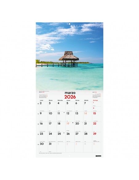 Calendario Finocam 2026 pared con paisajes exóticos y espacio notas