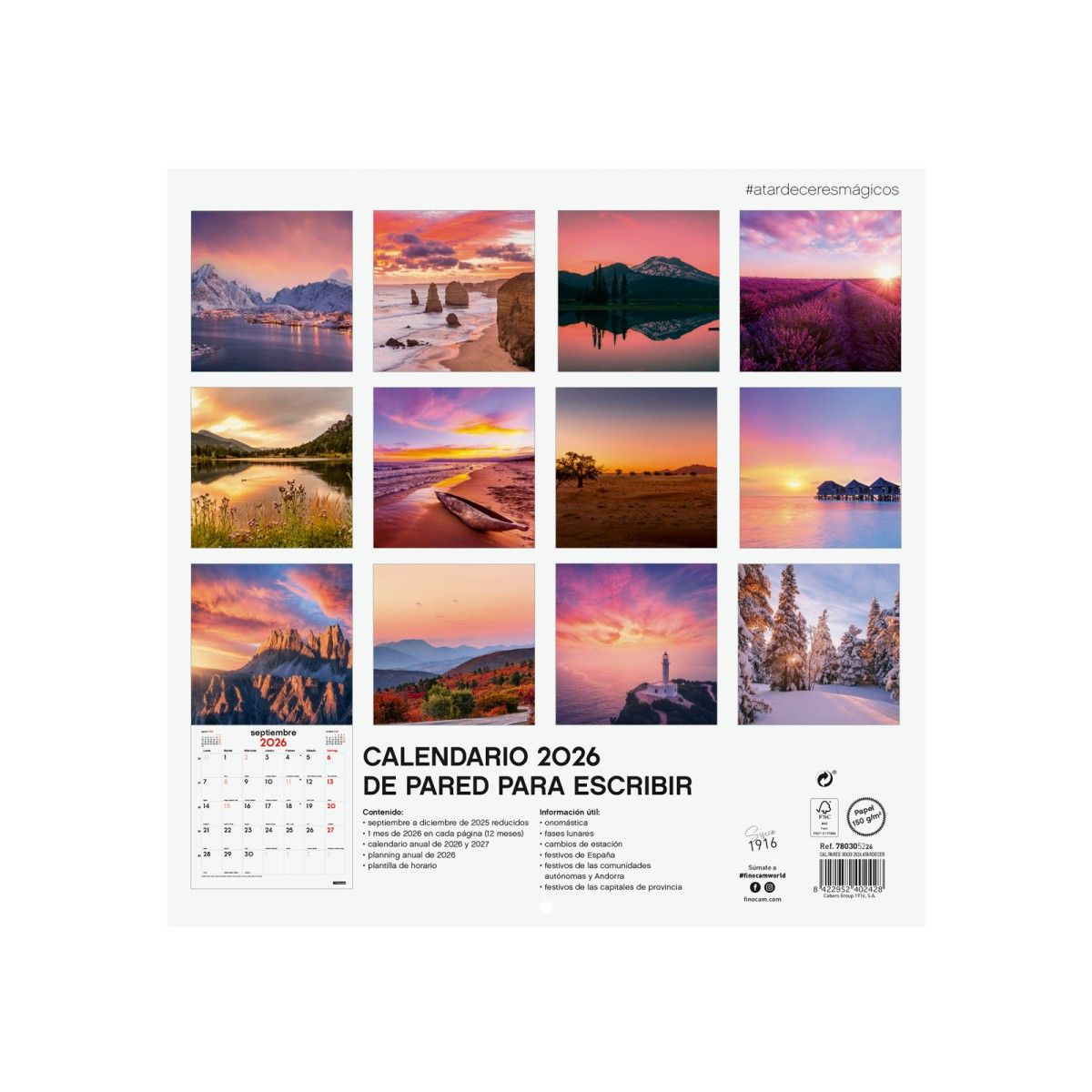 Calendario Pared 30x30 2026 Atardecer Finocam | Inspiración diaria